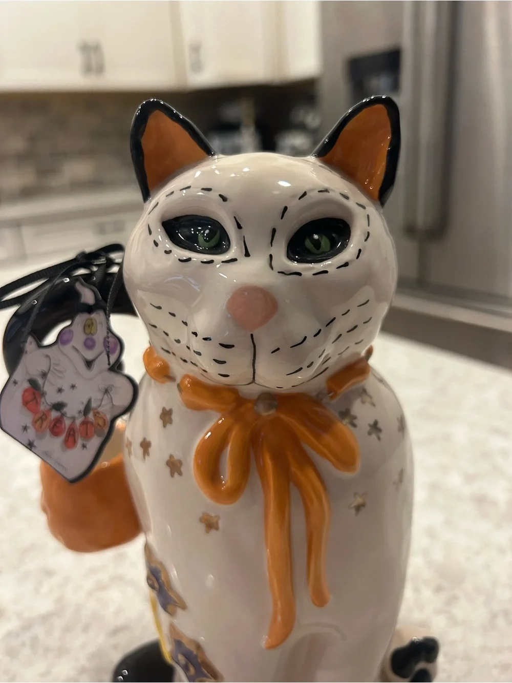“New” Blue Sky Clayworks White Ceramic Cat with Orange Bow and Accents